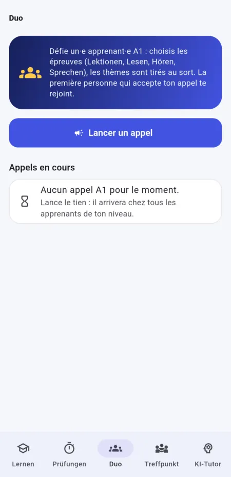 Duo : lancer un défi à un apprenant du même niveau.
